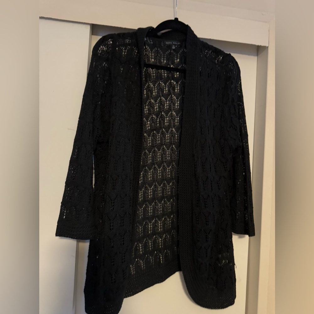 Intricate Black Cardigan Sweater with Open Front Design
